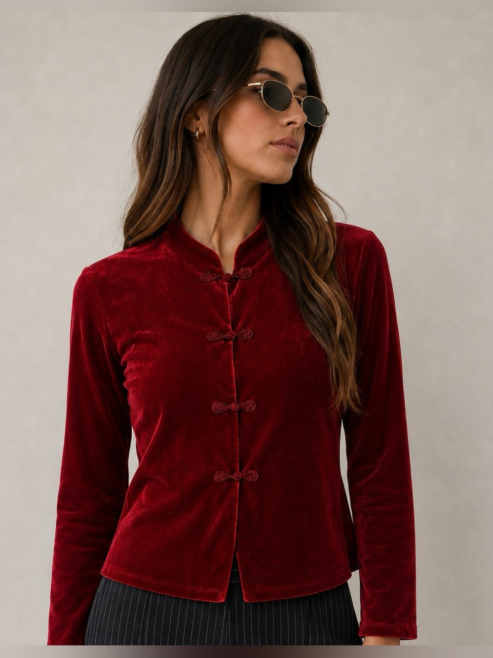Carole Little Red Velvet Mandarin Collar Blouse Lorea Frog Closure Women’s M